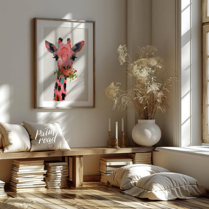 This whimsical painting features a giraffe rendered in a playful palette of pinks, oranges, and bla… for living room