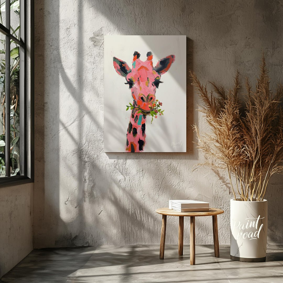 This whimsical painting features a giraffe rendered in a playful palette of pinks, oranges, and bla… for living room