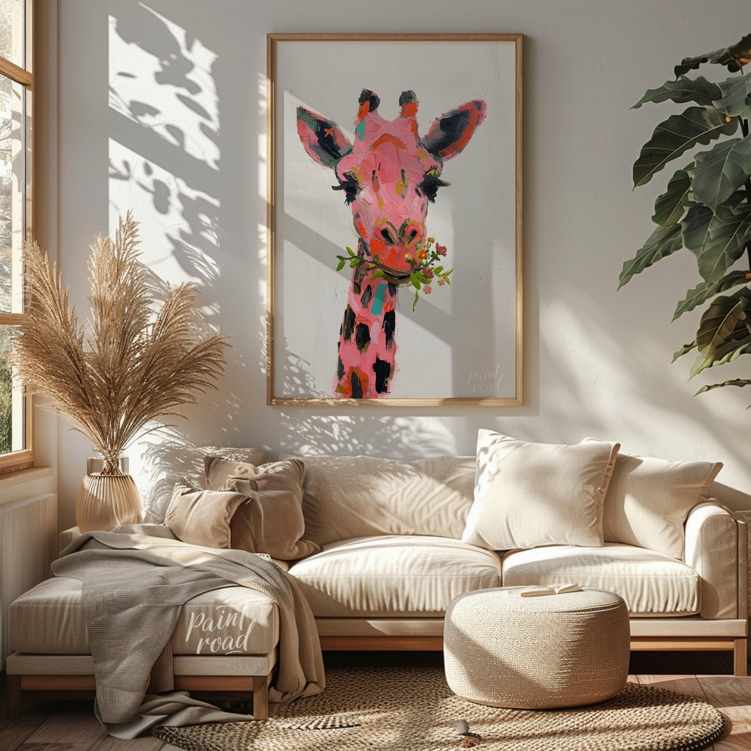 This whimsical painting features a giraffe rendered in a playful palette of pinks, oranges, and bla… for living room