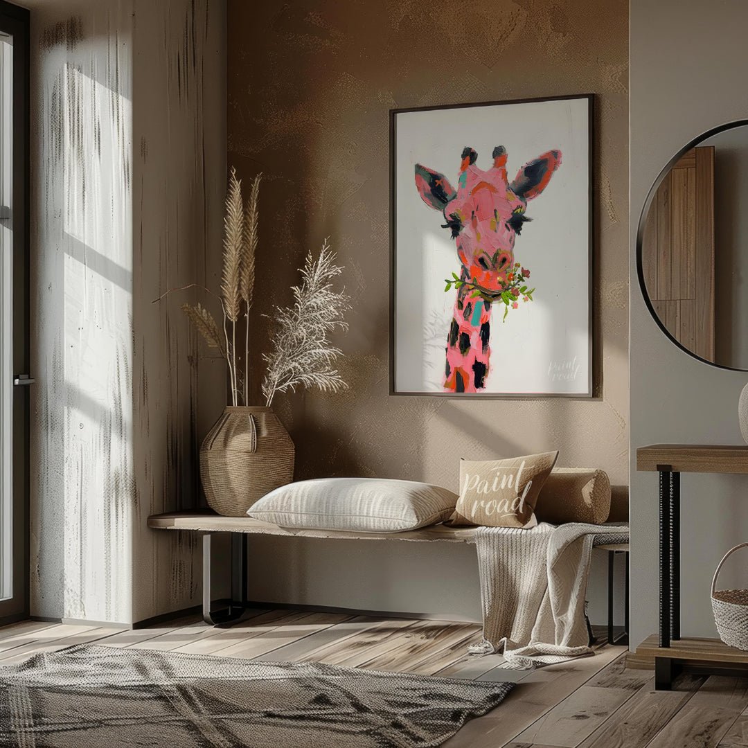 This whimsical painting features a giraffe rendered in a playful palette of pinks, oranges, and bla… for living room