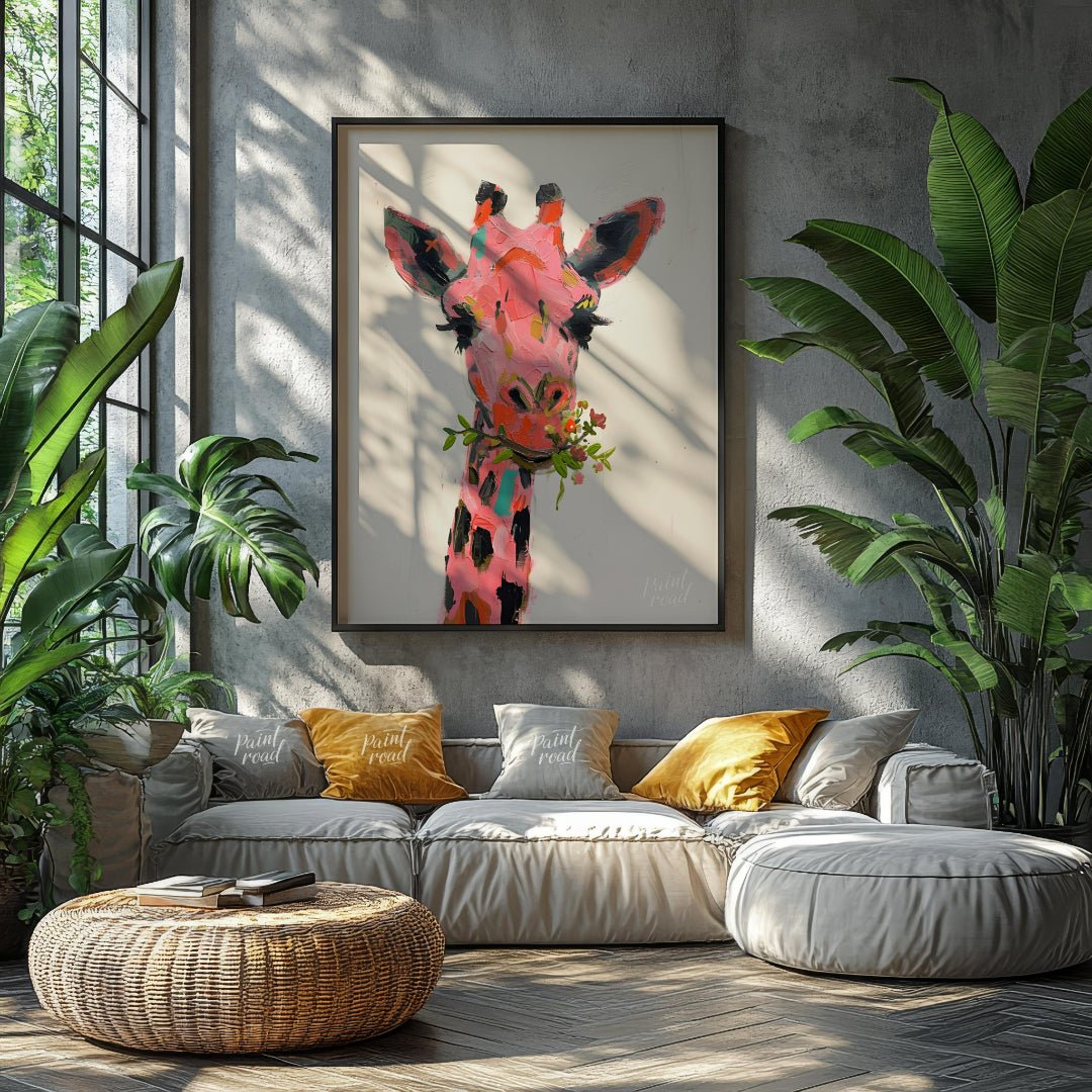 This whimsical painting features a giraffe rendered in a playful palette of pinks, oranges, and bla… for living room