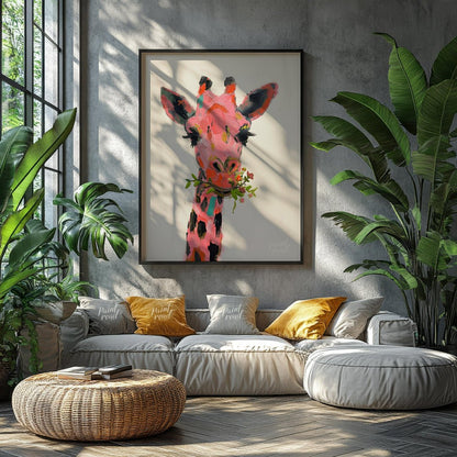 This whimsical painting features a giraffe rendered in a playful palette of pinks, oranges, and bla… for living room