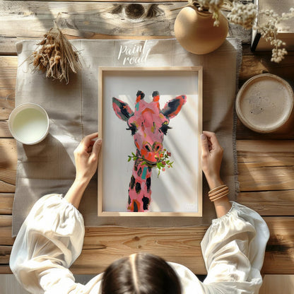 This whimsical painting features a giraffe rendered in a playful palette of pinks, oranges, and bla… for other