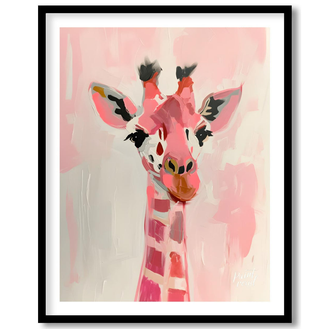 This charming artwork features a giraffe rendered in a playful palette of pink hues, set against a … for area