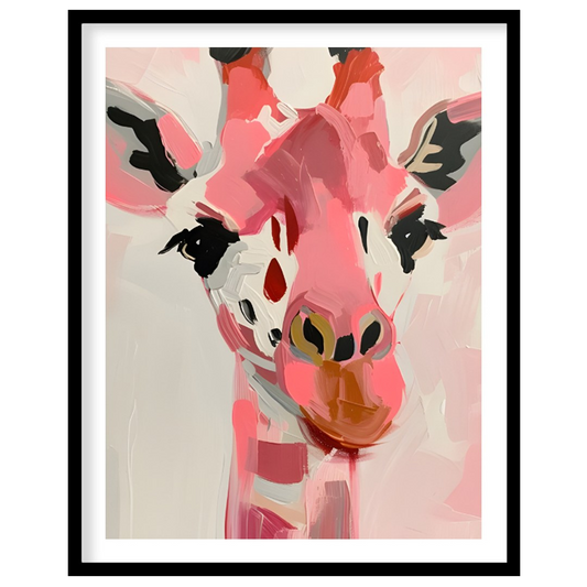 This charming artwork features a giraffe rendered in a playful palette of pink hues, set against a … for area