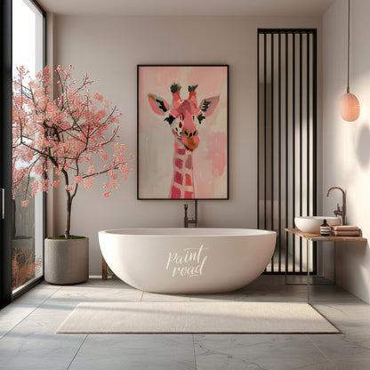 This charming artwork features a giraffe rendered in a playful palette of pink hues, set against a … for bathroom