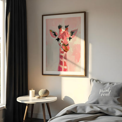 This charming artwork features a giraffe rendered in a playful palette of pink hues, set against a … for bedroom