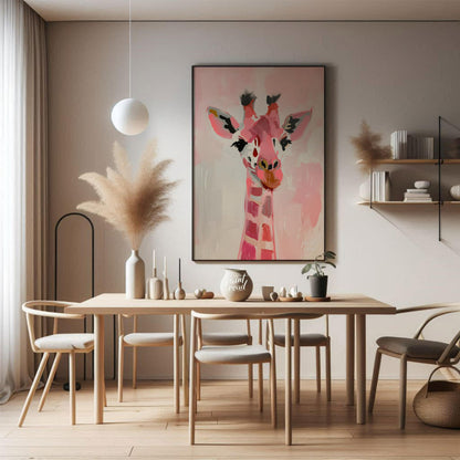 This charming artwork features a giraffe rendered in a playful palette of pink hues, set against a … for dining room