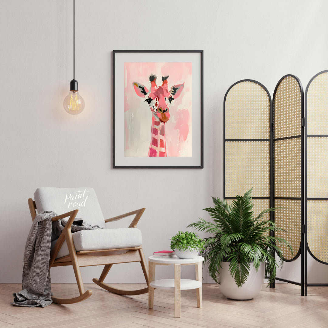 This charming artwork features a giraffe rendered in a playful palette of pink hues, set against a … for living room