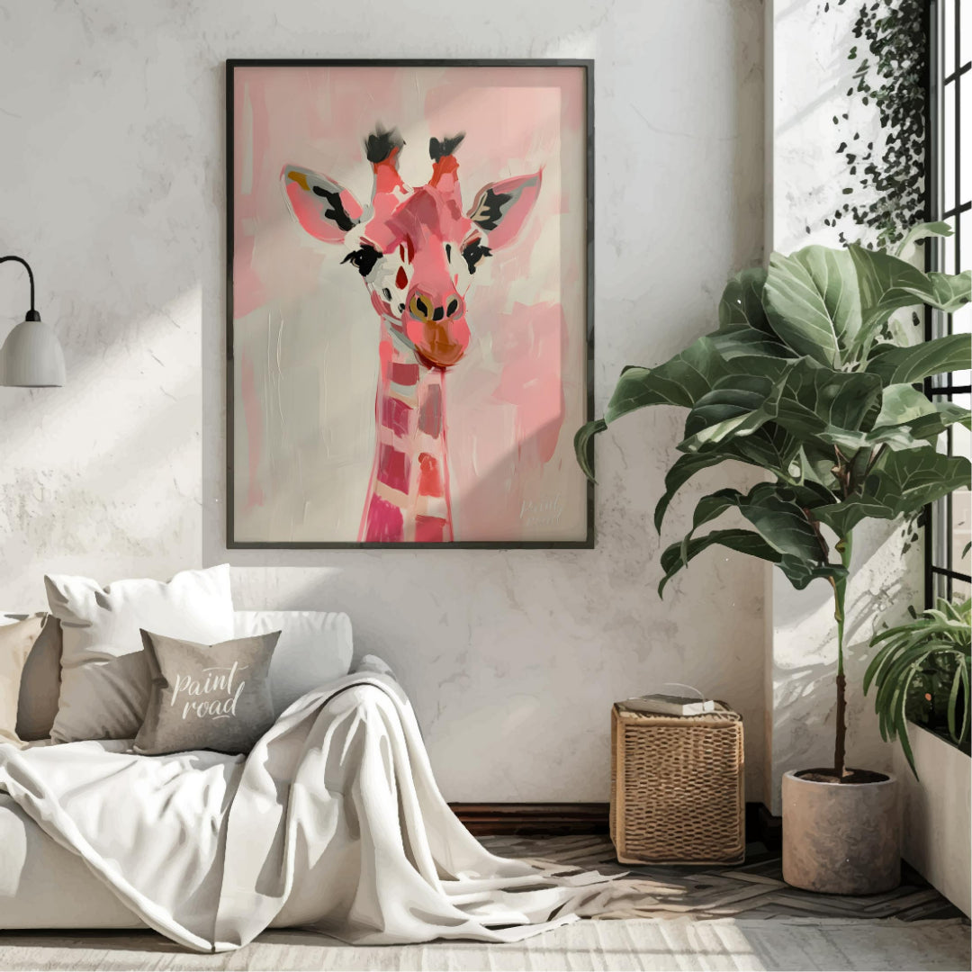 This charming artwork features a giraffe rendered in a playful palette of pink hues, set against a … for living room