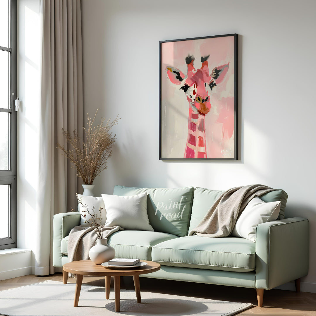 This charming artwork features a giraffe rendered in a playful palette of pink hues, set against a … for living room