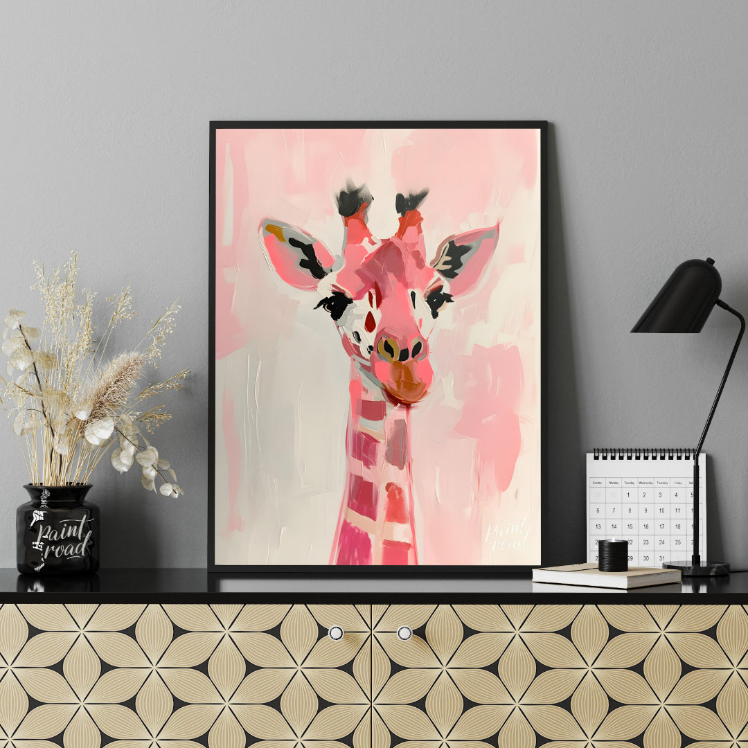 This charming artwork features a giraffe rendered in a playful palette of pink hues, set against a … for living room