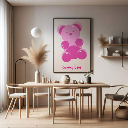 This delightful art print features a charming and simplified illustration of a classic gummy bear, … for dining room