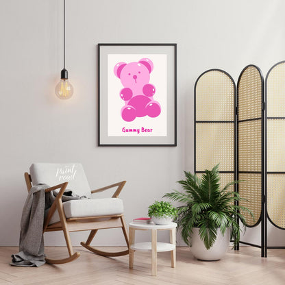 This delightful art print features a charming and simplified illustration of a classic gummy bear, … for living room