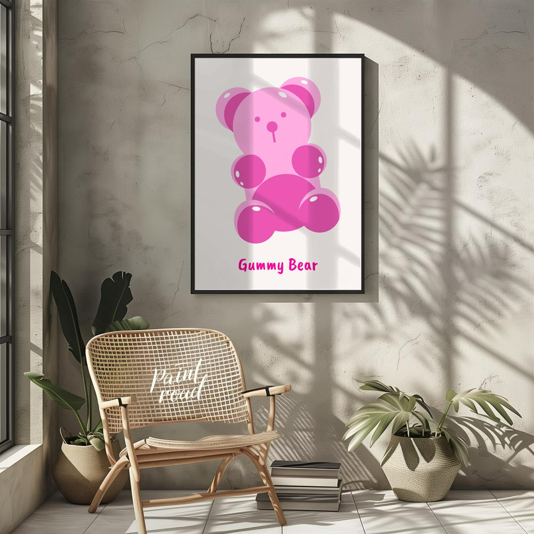 This delightful art print features a charming and simplified illustration of a classic gummy bear, … for other