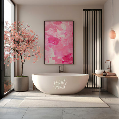 This abstract painting is a symphony of pink hues, rendered with bold, expressive brushstrokes. The… for bathroom