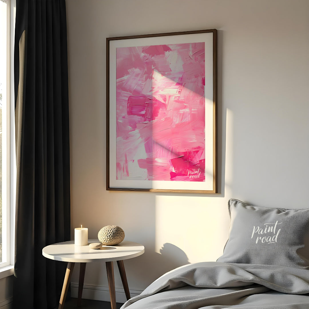 This abstract painting is a symphony of pink hues, rendered with bold, expressive brushstrokes. The… for bedroom