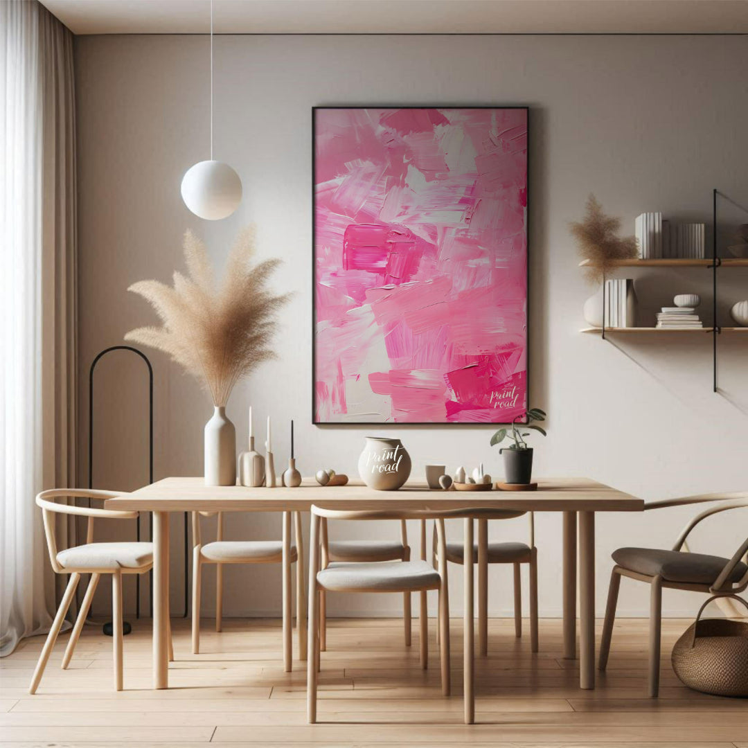 This abstract painting is a symphony of pink hues, rendered with bold, expressive brushstrokes. The… for dining room