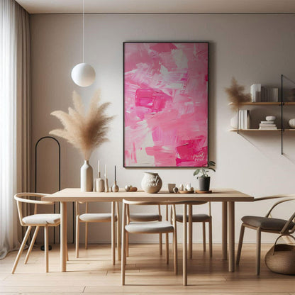 This abstract painting is a symphony of pink hues, rendered with bold, expressive brushstrokes. The… for dining room