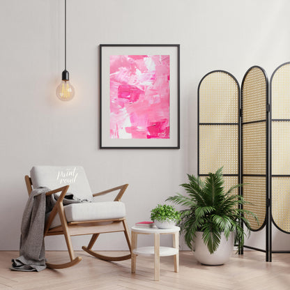 This abstract painting is a symphony of pink hues, rendered with bold, expressive brushstrokes. The… for living room
