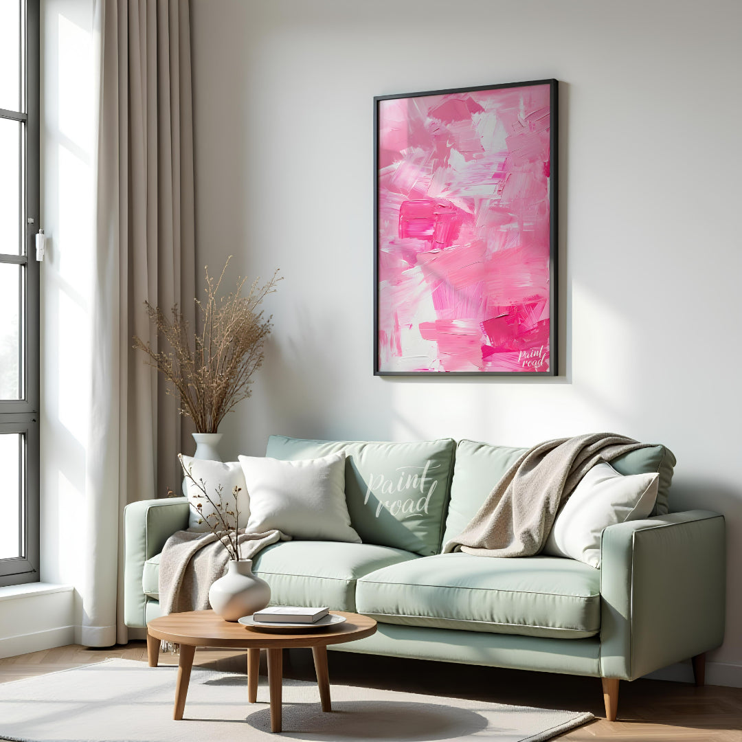 This abstract painting is a symphony of pink hues, rendered with bold, expressive brushstrokes. The… for living room