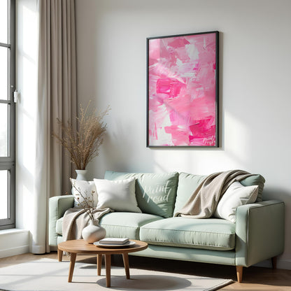 This abstract painting is a symphony of pink hues, rendered with bold, expressive brushstrokes. The… for living room