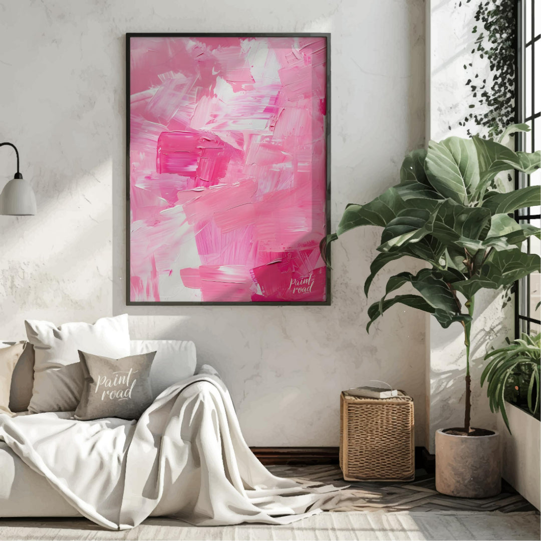 This abstract painting is a symphony of pink hues, rendered with bold, expressive brushstrokes. The… for living room