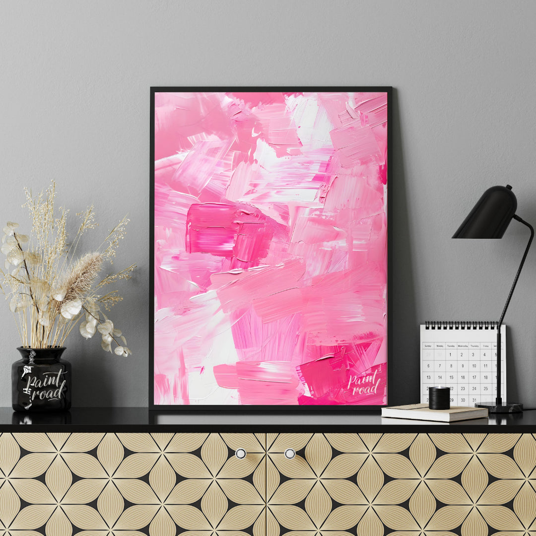 This abstract painting is a symphony of pink hues, rendered with bold, expressive brushstrokes. The… for office