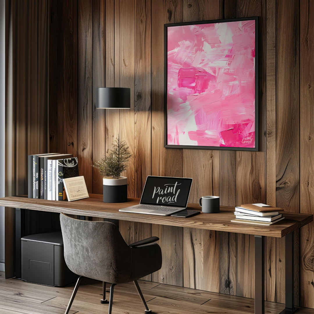 This abstract painting is a symphony of pink hues, rendered with bold, expressive brushstrokes. The… for office