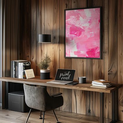 This abstract painting is a symphony of pink hues, rendered with bold, expressive brushstrokes. The… for office