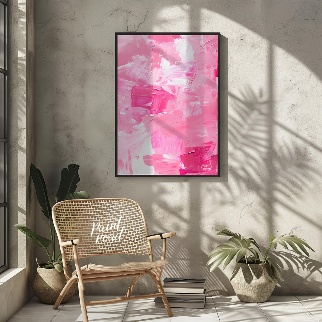 This abstract painting is a symphony of pink hues, rendered with bold, expressive brushstrokes. The… for other