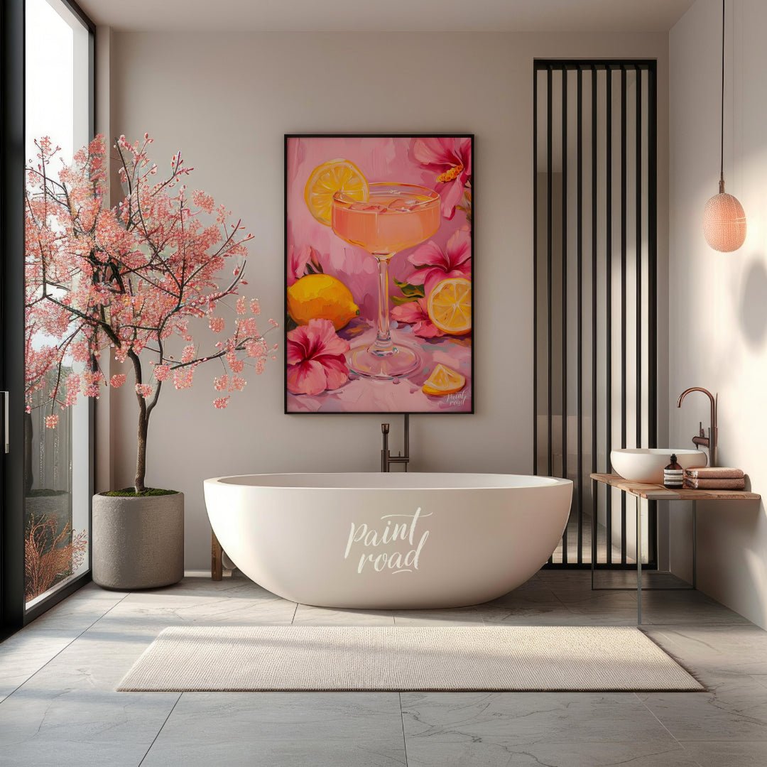 This vibrant painting captures a refreshing cocktail scene, with a pink drink garnished with a lemo… for bathroom