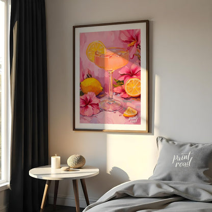 This vibrant painting captures a refreshing cocktail scene, with a pink drink garnished with a lemo… for bedroom