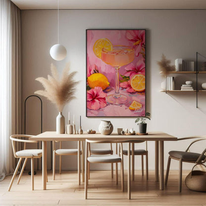 This vibrant painting captures a refreshing cocktail scene, with a pink drink garnished with a lemo… for dining room