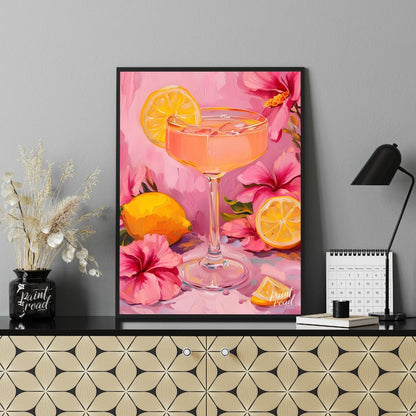 This vibrant painting captures a refreshing cocktail scene, with a pink drink garnished with a lemo… for living room