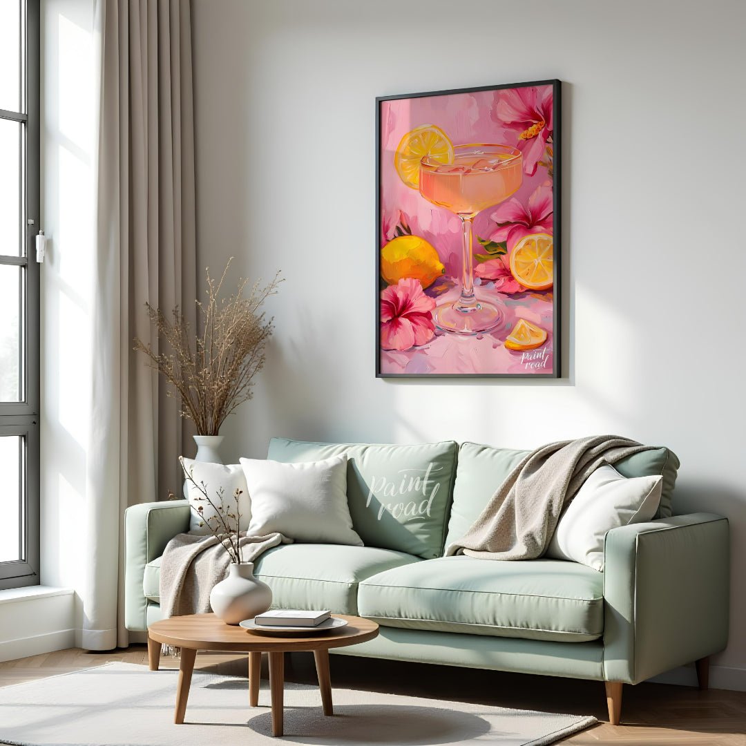 This vibrant painting captures a refreshing cocktail scene, with a pink drink garnished with a lemo… for living room