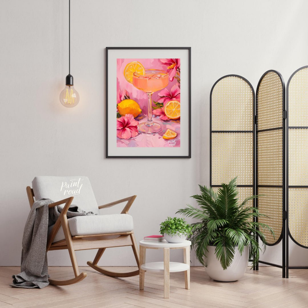 This vibrant painting captures a refreshing cocktail scene, with a pink drink garnished with a lemo… for living room