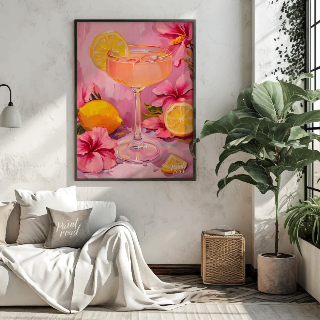 This vibrant painting captures a refreshing cocktail scene, with a pink drink garnished with a lemo… for living room