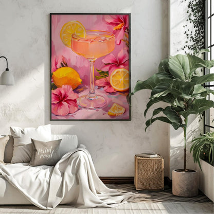 This vibrant painting captures a refreshing cocktail scene, with a pink drink garnished with a lemo… for living room