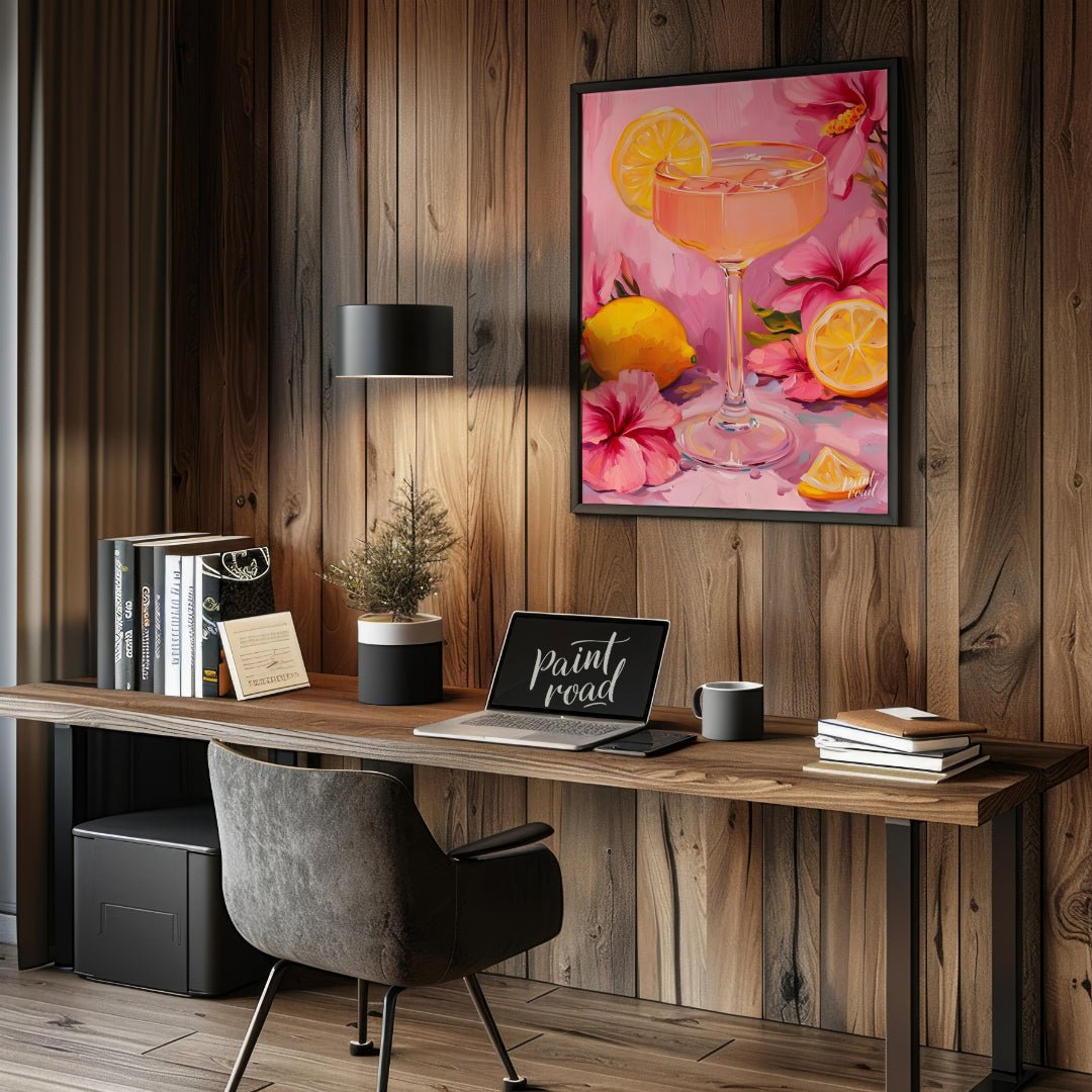 This vibrant painting captures a refreshing cocktail scene, with a pink drink garnished with a lemo… for office