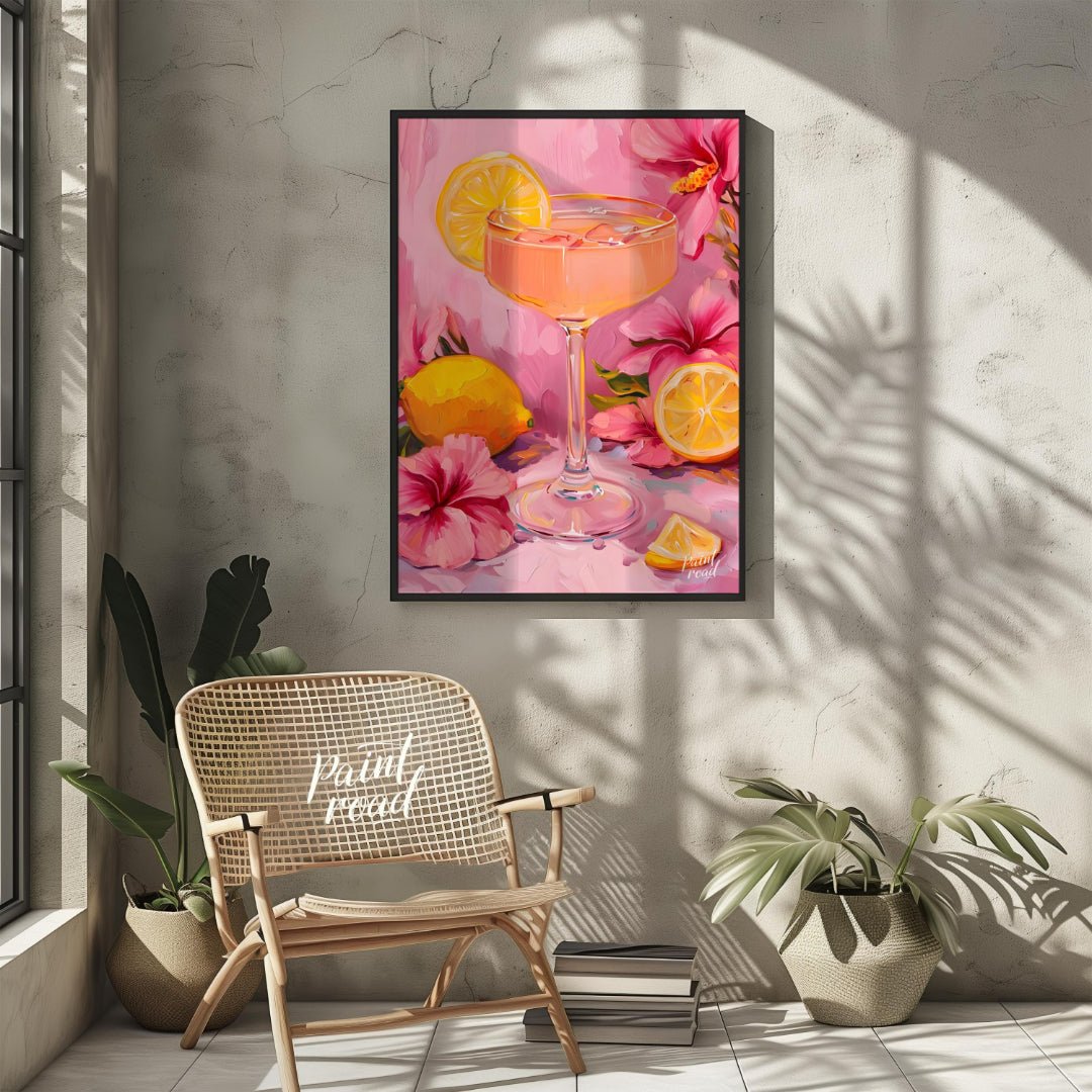 This vibrant painting captures a refreshing cocktail scene, with a pink drink garnished with a lemo… for other