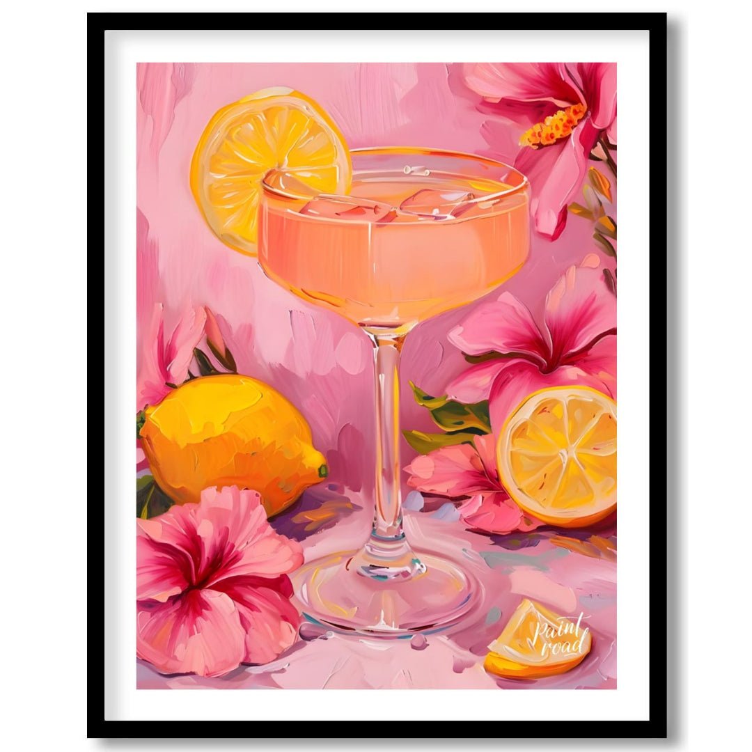This vibrant painting captures a refreshing cocktail scene, with a pink drink garnished with a lemo… for place