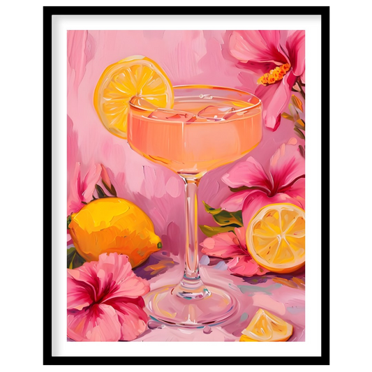 This vibrant painting captures a refreshing cocktail scene, with a pink drink garnished with a lemo… for place