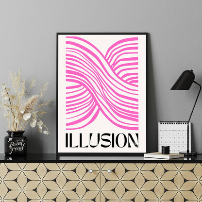This striking and modern abstract artwork features the word “ILLUSION” in a bold, black serif font … for home