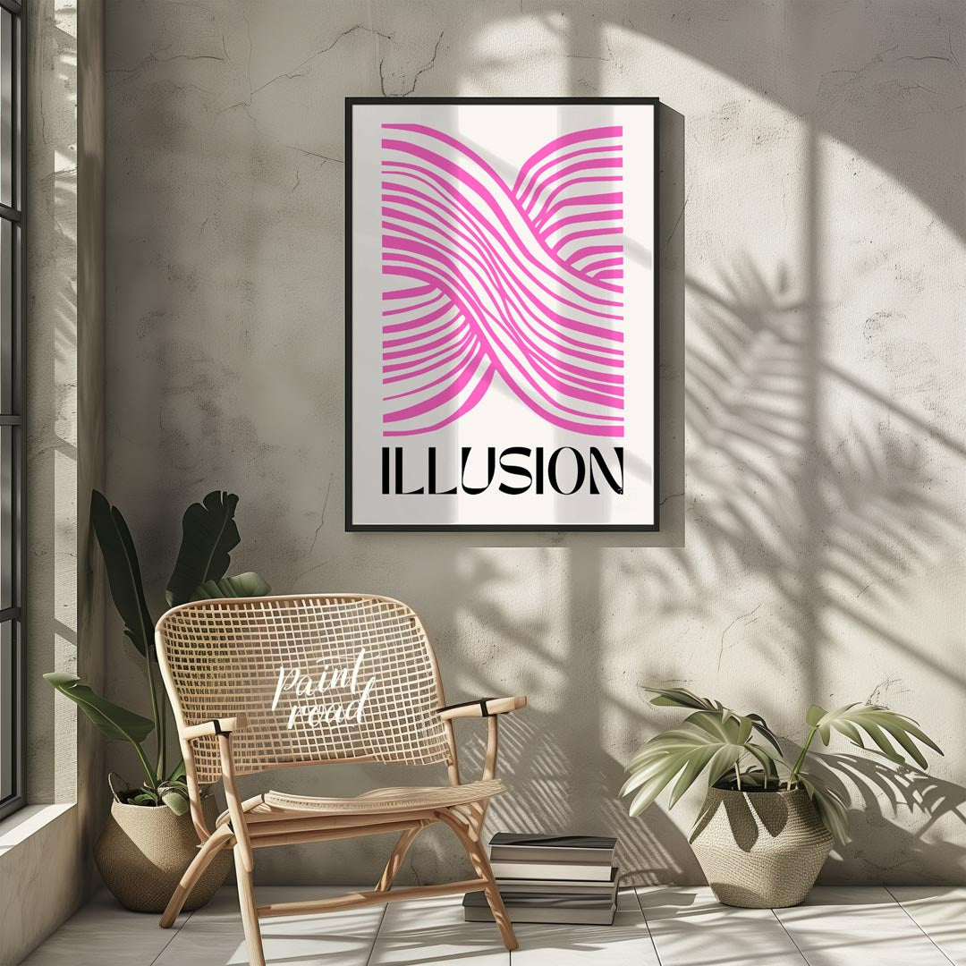 This striking and modern abstract artwork features the word “ILLUSION” in a bold, black serif font … for living room