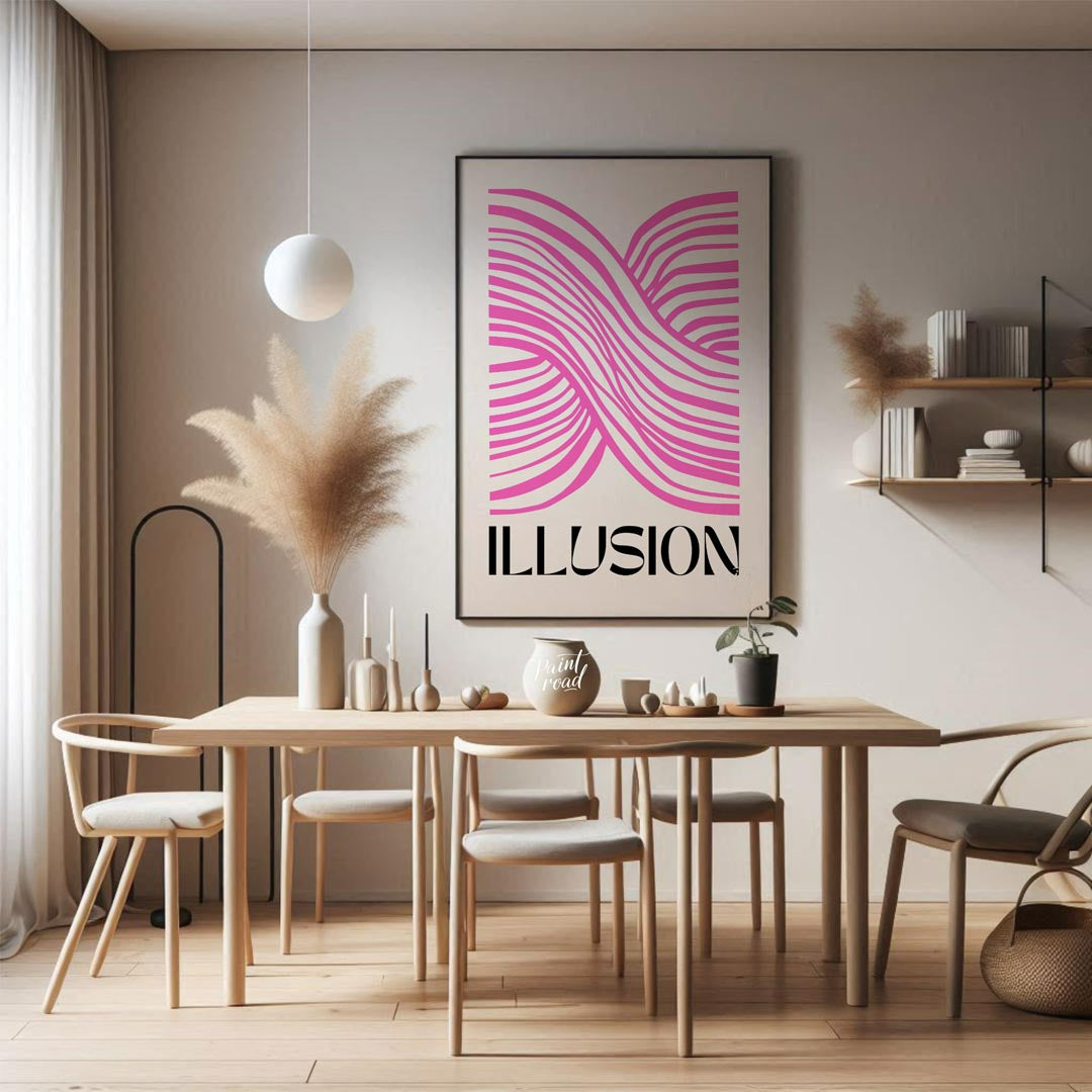 This striking and modern abstract artwork features the word “ILLUSION” in a bold, black serif font … for living room