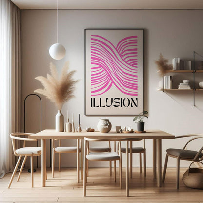 This striking and modern abstract artwork features the word “ILLUSION” in a bold, black serif font … for living room