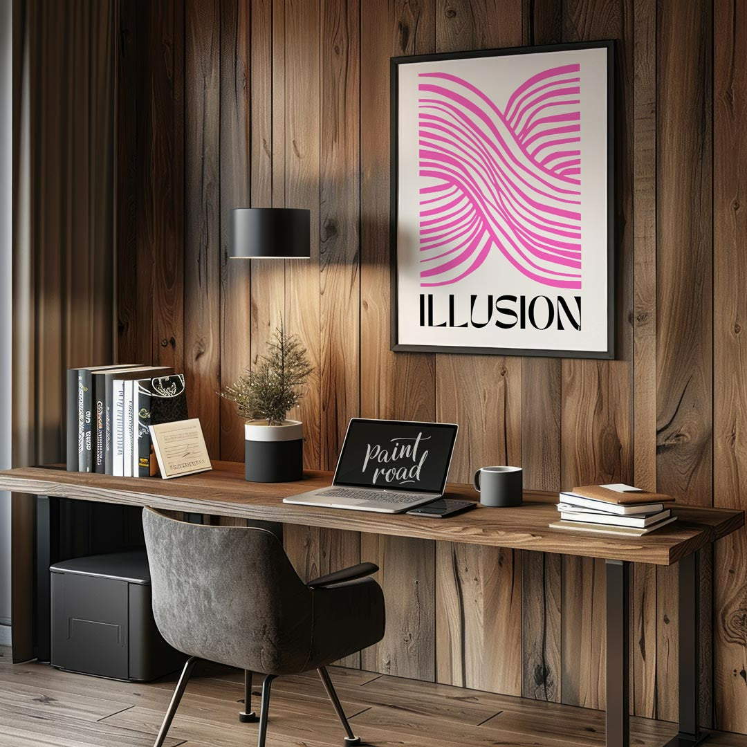 This striking and modern abstract artwork features the word “ILLUSION” in a bold, black serif font … for living room