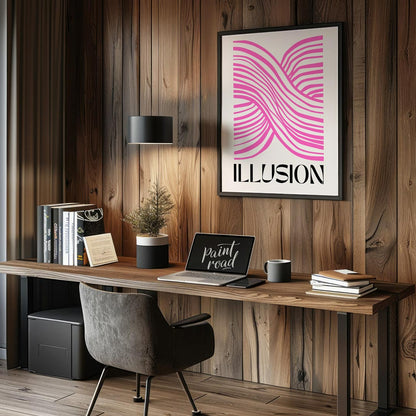 This striking and modern abstract artwork features the word “ILLUSION” in a bold, black serif font … for living room
