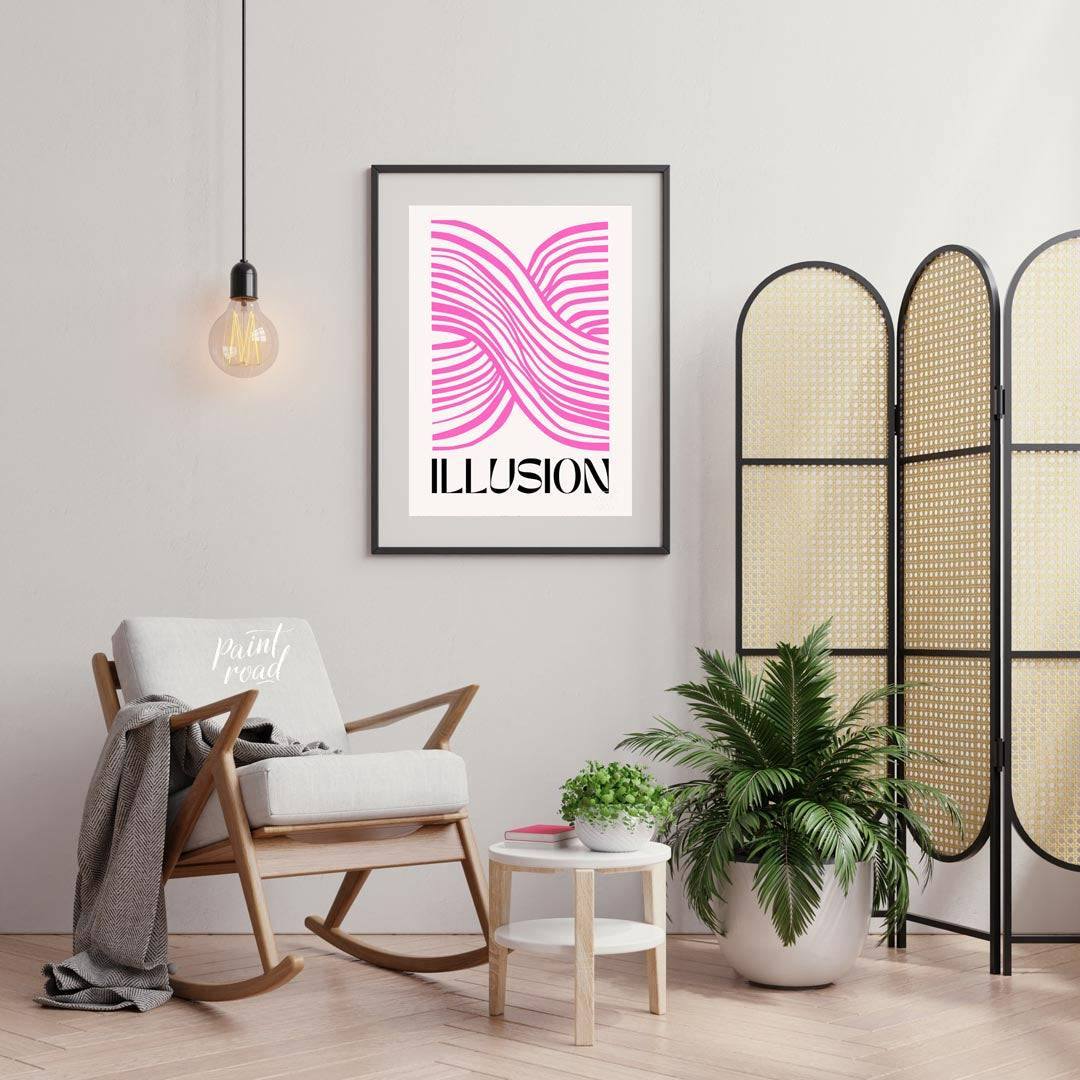This striking and modern abstract artwork features the word “ILLUSION” in a bold, black serif font … for office